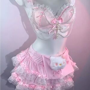 Pink Ruffled Lingerie Set with Pearl Details